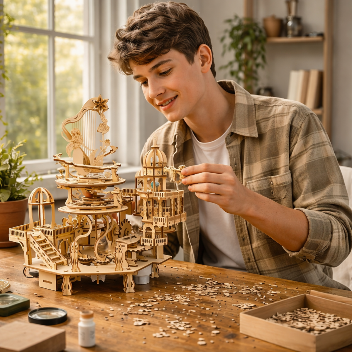 Wooden Puzzle Mystery Island Music Box – DIY 3D Assembly Model Kit with Light for Adults and Kids, Romantic Gift Idea