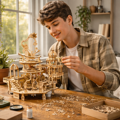Wooden Puzzle Mystery Island Music Box – DIY 3D Assembly Model Kit with Light for Adults and Kids, Romantic Gift Idea