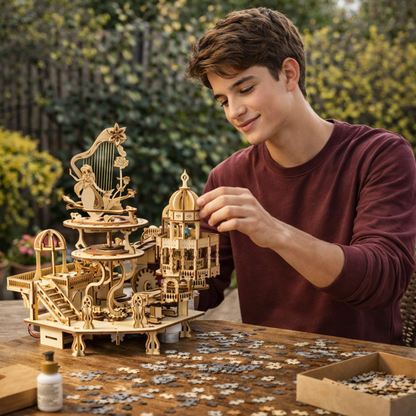 Wooden Puzzle Mystery Island Music Box – DIY 3D Assembly Model Kit with Light for Adults and Kids, Romantic Gift Idea