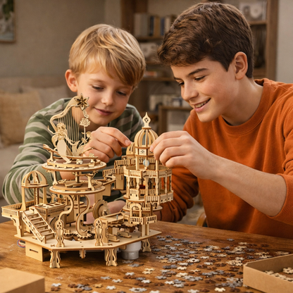 Wooden Puzzle Mystery Island Music Box – DIY 3D Assembly Model Kit with Light for Adults and Kids, Romantic Gift Idea