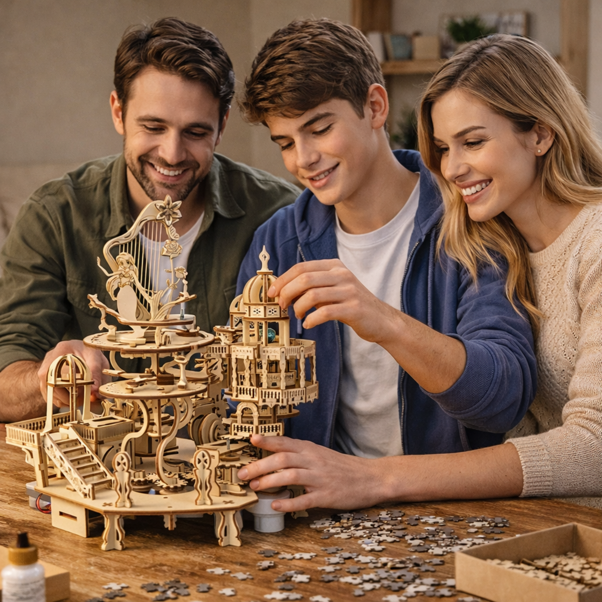 Wooden Puzzle Mystery Island Music Box – DIY 3D Assembly Model Kit with Light for Adults and Kids, Romantic Gift Idea