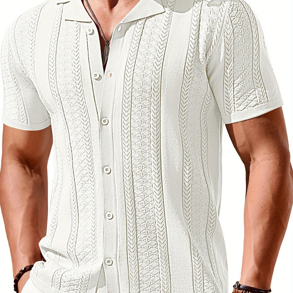 Men’s Vintage Colored Knit Shirt – Short Sleeve Button-Up Summer Top with Breathable Viscose Blend