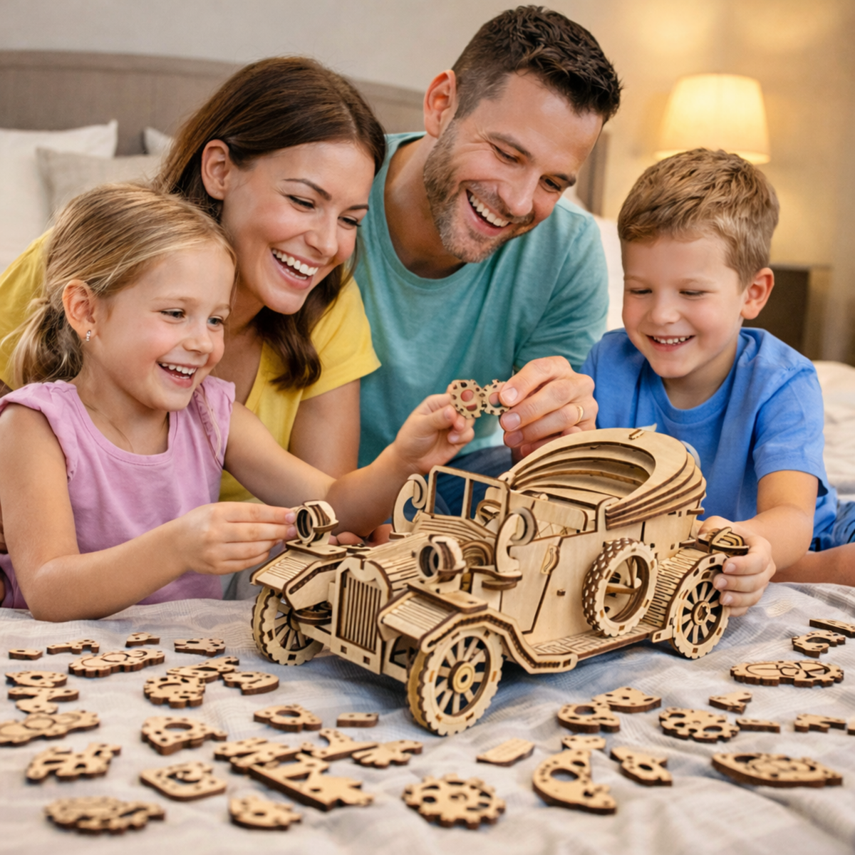 Retro Convertible Car 3D Wooden Puzzle – Handmade DIY Assembly Model Kit Educational Gift for Children