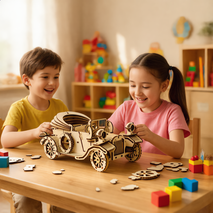 Retro Convertible Car 3D Wooden Puzzle – Handmade DIY Assembly Model Kit Educational Gift for Children
