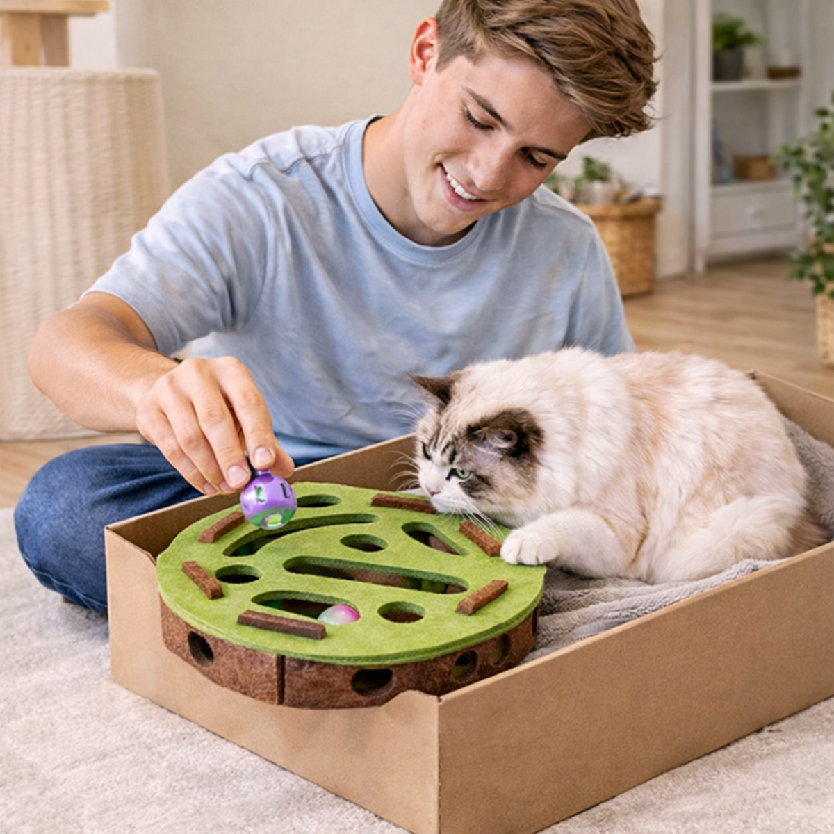 Interactive Cat Puzzle Maze Felt Box Toy – Bell Ball Hunting Game for Kittens Mental Stimulation Indoor Play Cat Supplies Set.
