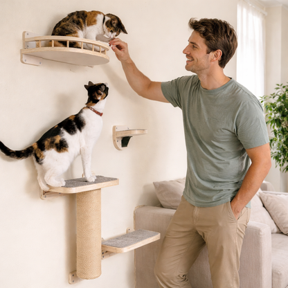 Wall Mounted Cat Climbing Shelf with Sisal Scratching Post – Four Step Stairway Platform Tree Gym Furniture for Active Indoor Cats.