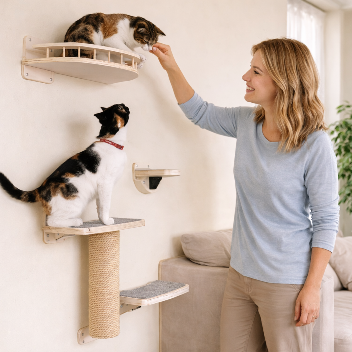 Wall Mounted Cat Climbing Shelf with Sisal Scratching Post – Four Step Stairway Platform Tree Gym Furniture for Active Indoor Cats.