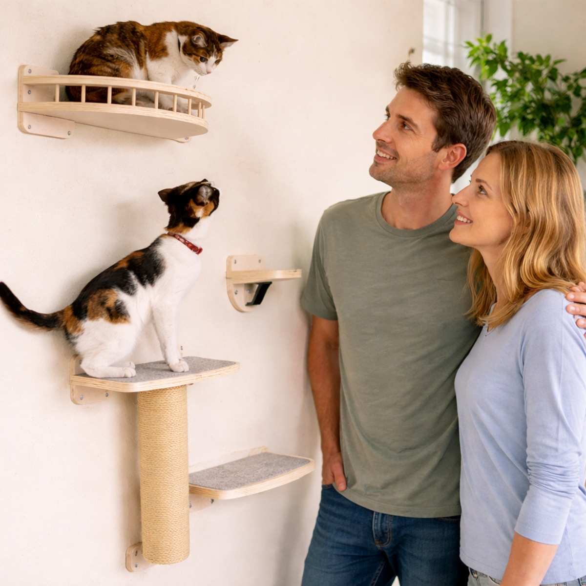 Wall Mounted Cat Climbing Shelf with Sisal Scratching Post – Four Step Stairway Platform Tree Gym Furniture for Active Indoor Cats.