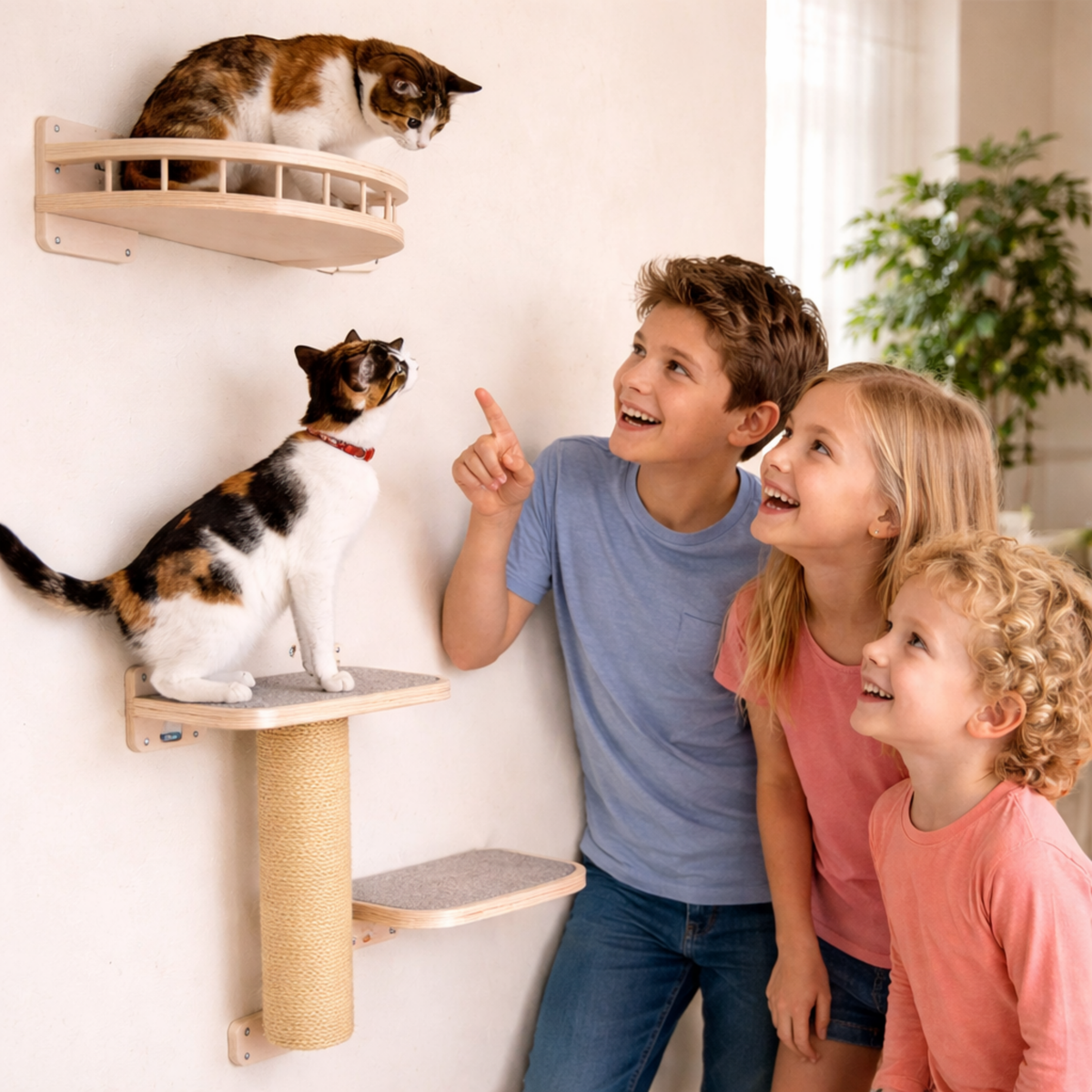 Wall Mounted Cat Climbing Shelf with Sisal Scratching Post – Four Step Stairway Platform Tree Gym Furniture for Active Indoor Cats.