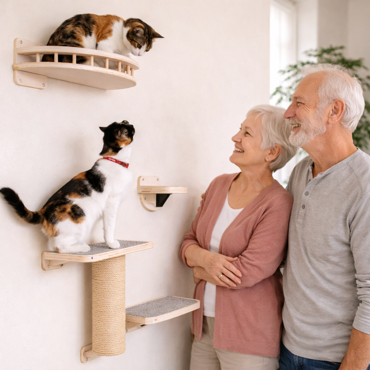 Wall Mounted Cat Climbing Shelf with Sisal Scratching Post – Four Step Stairway Platform Tree Gym Furniture for Active Indoor Cats.