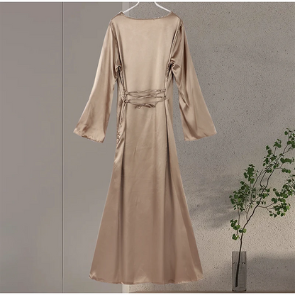 Satin Round Neck Long Lace-Up Evening Dress – Elegant Flare Sleeve High-Waist Party Gown for Glamorous Women