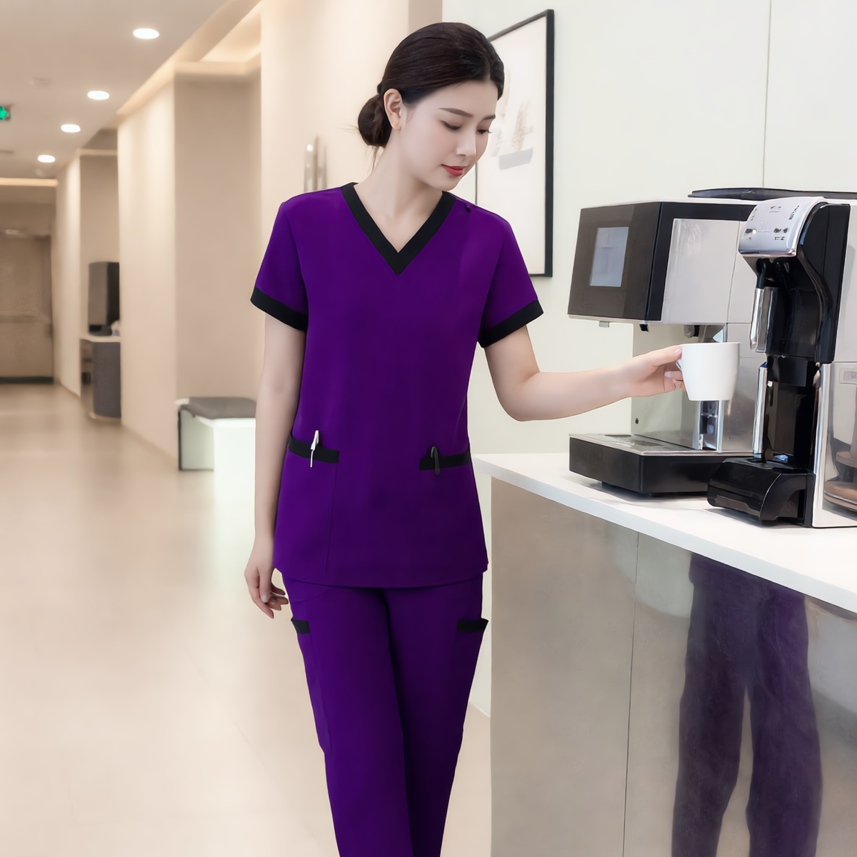 Women’s Nurse Scrub Set – V-Neck Short Sleeve Top and Drawstring Pants with Badge Pockets for Healthcare Professionals