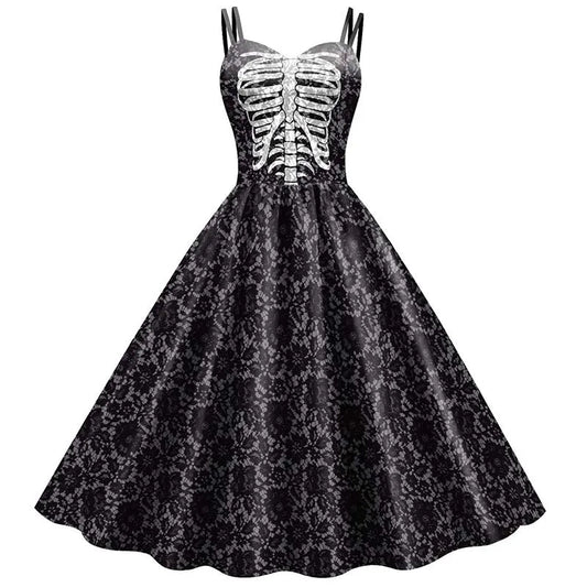 Women’s Halloween Skeleton Rose Dress – Elegant Gothic Print Rockabilly Costume for Carnival, Party, or Christmas Holiday Celebrations