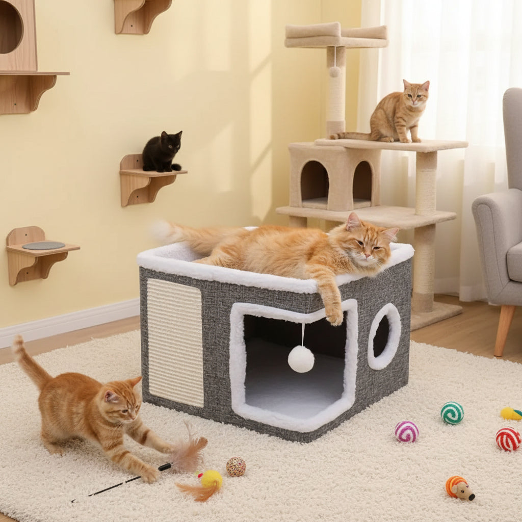 Multi Layer Cat House Cube - Foldable Indoor Cat Bed with Tunnel Scratcher and Cozy Mat for Cats Play and Rest