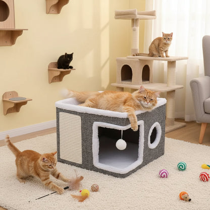 Multi Layer Cat House Cube - Foldable Indoor Cat Bed with Tunnel Scratcher and Cozy Mat for Cats Play and Rest