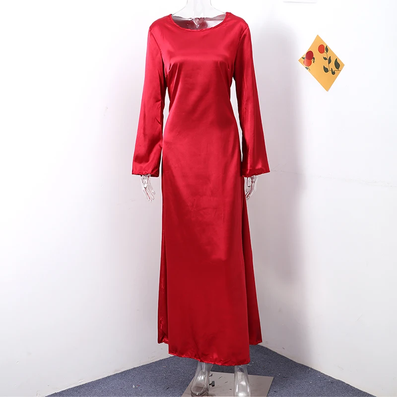 Satin Round Neck Long Lace-Up Evening Dress – Elegant Flare Sleeve High-Waist Party Gown for Glamorous Women