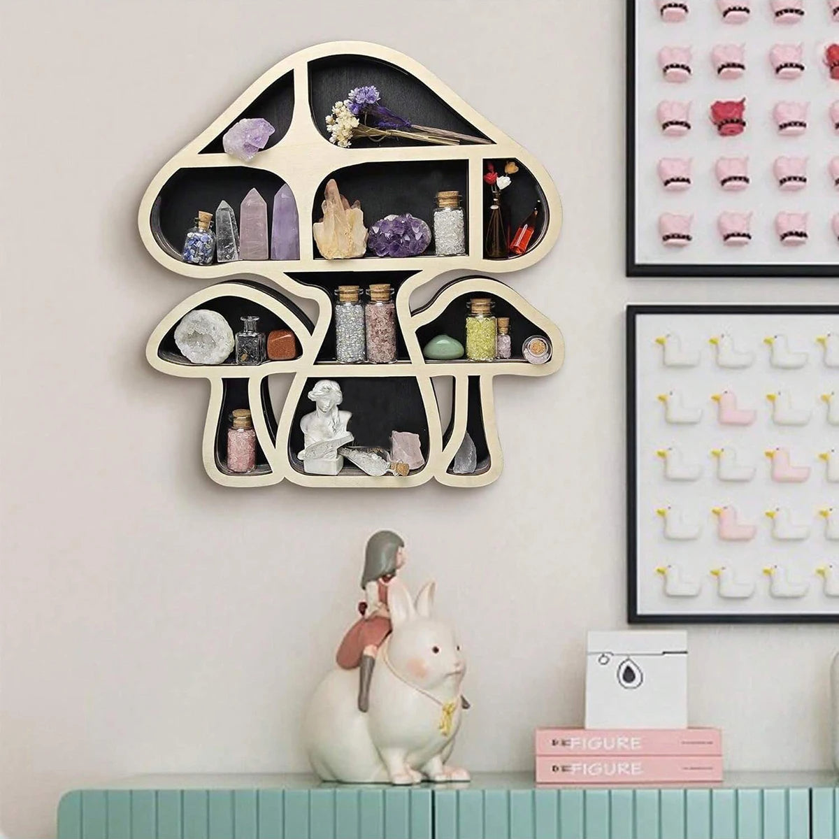 Wooden Mushroom Floating Shelf – Crystal Display Rack & Hanging Home Fragrance Shelf for Bedroom or Boho Living Room