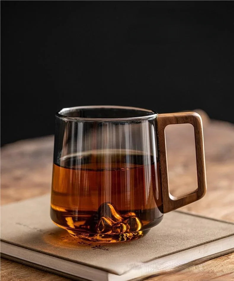 Guanshan Glass Cup with Wooden Handle – Large-Capacity Single-Layer Mug for Coffee, Tea & Juice