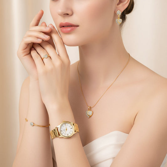 Women’s Watch & Jewelry Gift Set – 6-Piece Golden Quartz Watch with Rhinestone Bracelet, Necklace, Earrings & Ring
