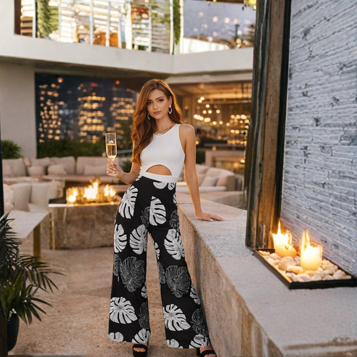 Floral Print High Waist Pants Set – Hollow Round Neck Crop Vest with Slit Pants Elegant Summer Two-Piece Outfit
