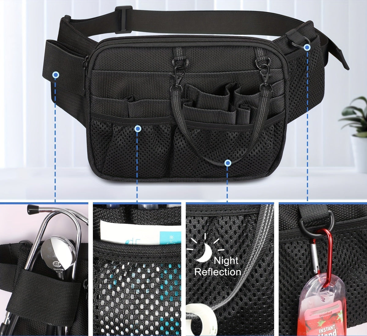 Dual-Layer Nurse Fanny Pack – Reflective Medical Organizer Waist Bag for Stethoscope, Scissors and Nursing Essentials
