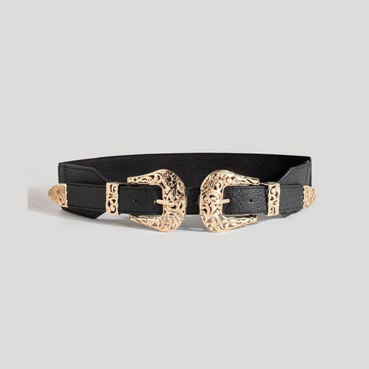 Women’s Vintage Leather Belt – Elastic Gold Metal Buckle Waist Belt for Dresses, Corsets, and Fashion Accessories