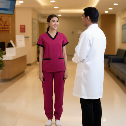 Women’s Nurse Scrub Set – V-Neck Short Sleeve Top and Drawstring Pants with Badge Pockets for Healthcare Professionals
