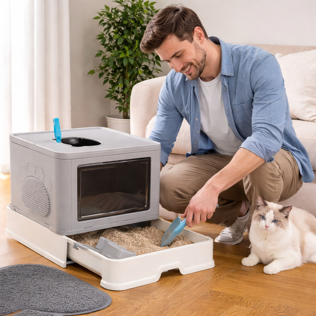 Large Hooded Cat Litter Box Drawer Type – Enclosed Top Entry Anti-Splashing Kitty Toilet with Scoop Grooming Tool.
