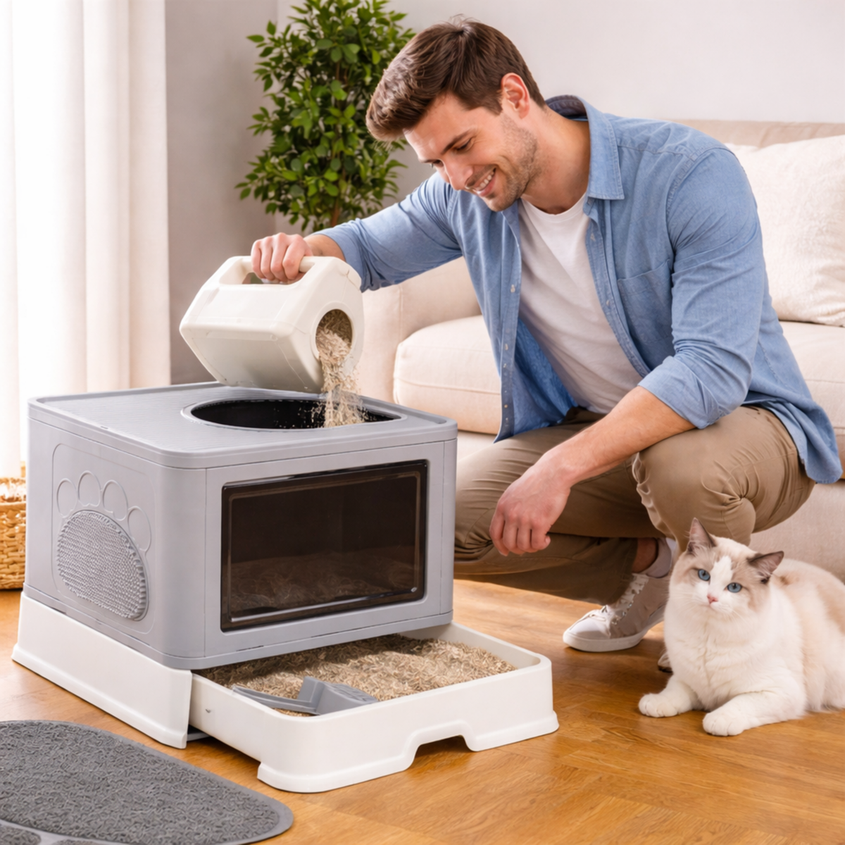 Large Hooded Cat Litter Box Drawer Type – Enclosed Top Entry Anti-Splashing Kitty Toilet with Scoop Grooming Tool.