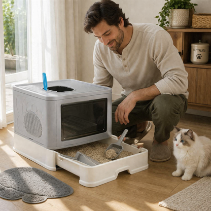 Large Hooded Cat Litter Box Drawer Type – Enclosed Top Entry Anti-Splashing Kitty Toilet with Scoop Grooming Tool.