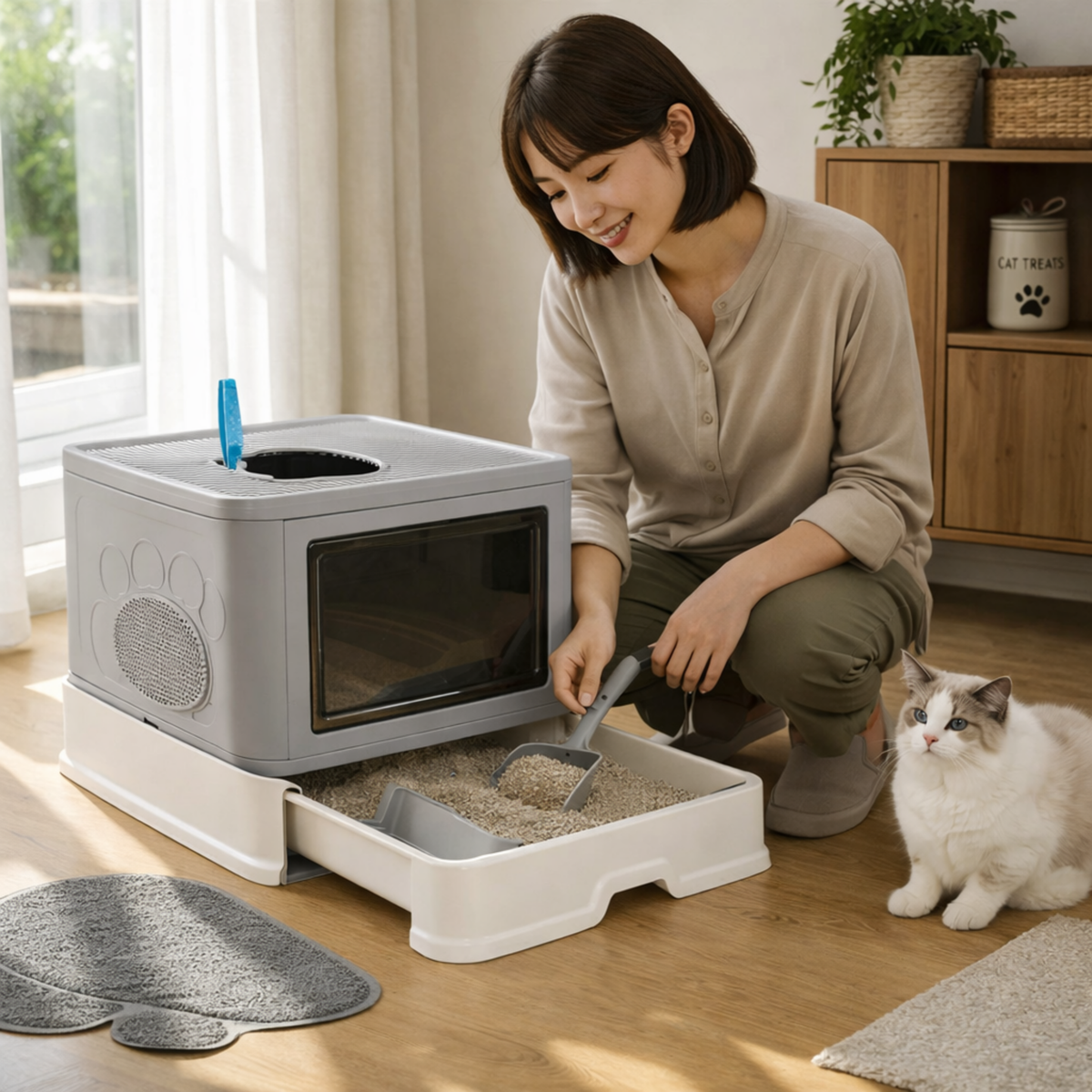Large Hooded Cat Litter Box Drawer Type – Enclosed Top Entry Anti-Splashing Kitty Toilet with Scoop Grooming Tool.