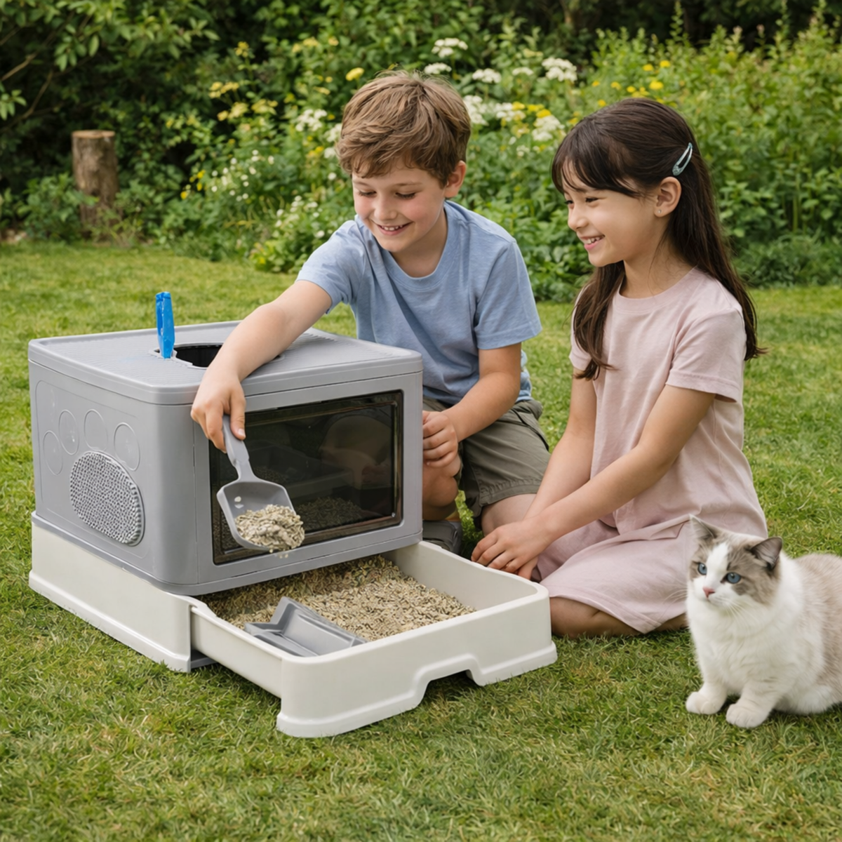 Large Hooded Cat Litter Box Drawer Type – Enclosed Top Entry Anti-Splashing Kitty Toilet with Scoop Grooming Tool.