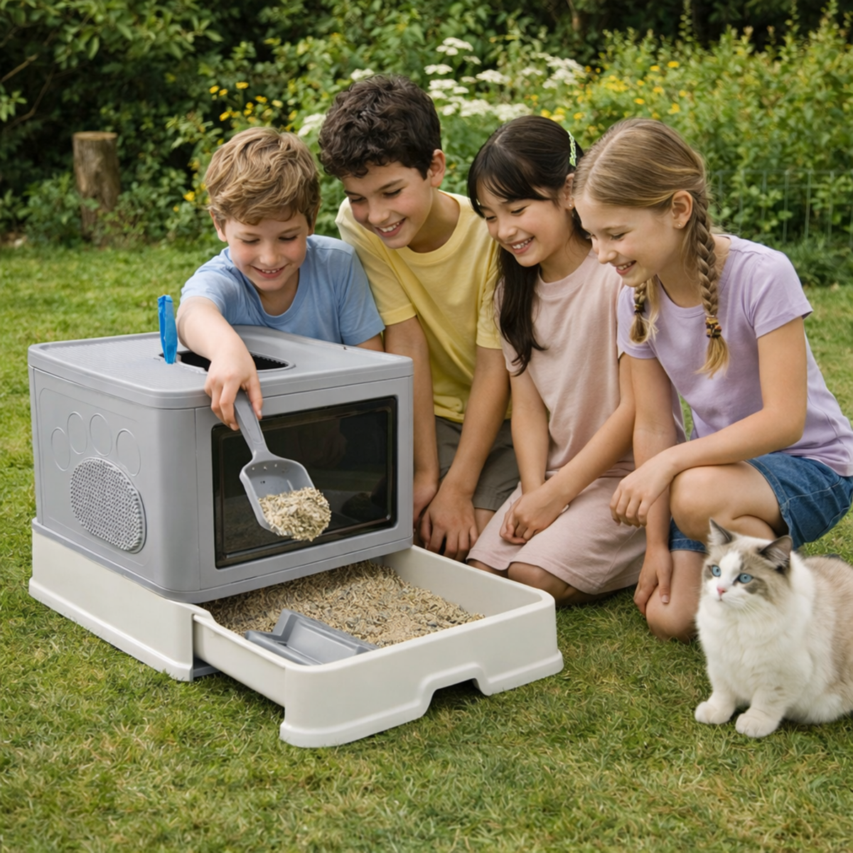 Large Hooded Cat Litter Box Drawer Type – Enclosed Top Entry Anti-Splashing Kitty Toilet with Scoop Grooming Tool.