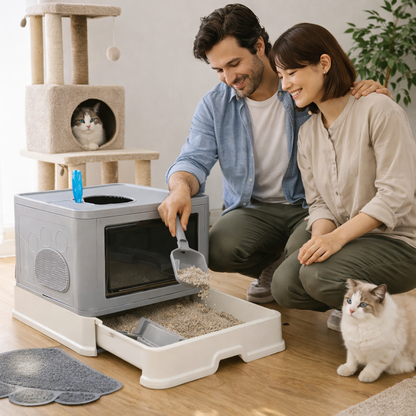 Large Hooded Cat Litter Box Drawer Type – Enclosed Top Entry Anti-Splashing Kitty Toilet with Scoop Grooming Tool.
