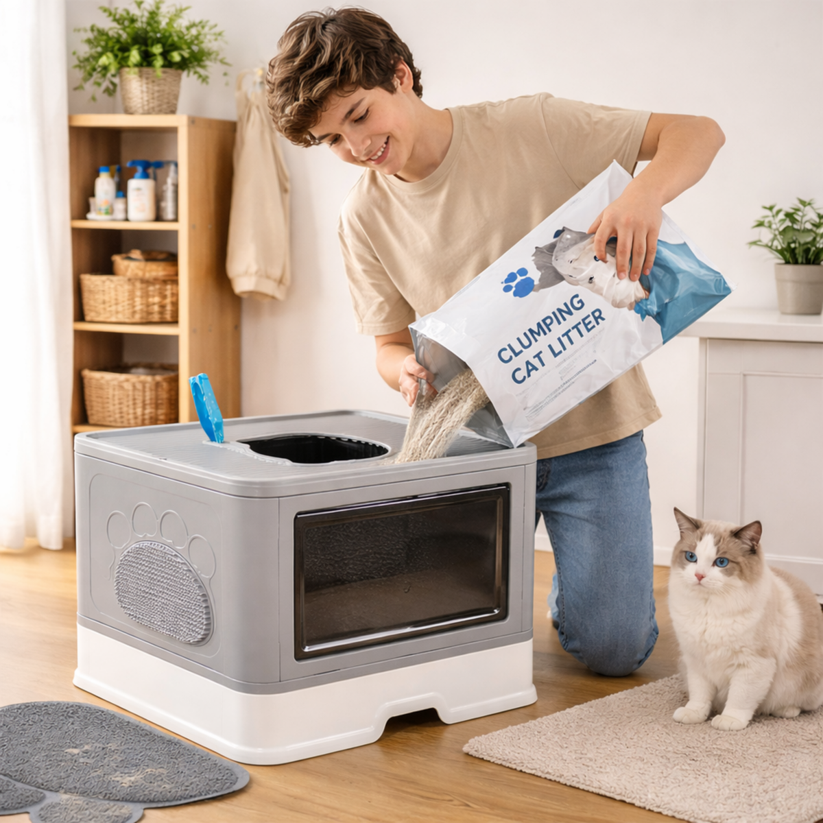 Large Hooded Cat Litter Box Drawer Type – Enclosed Top Entry Anti-Splashing Kitty Toilet with Scoop Grooming Tool.