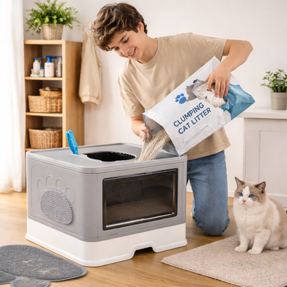 Large Hooded Cat Litter Box Drawer Type – Enclosed Top Entry Anti-Splashing Kitty Toilet with Scoop Grooming Tool.