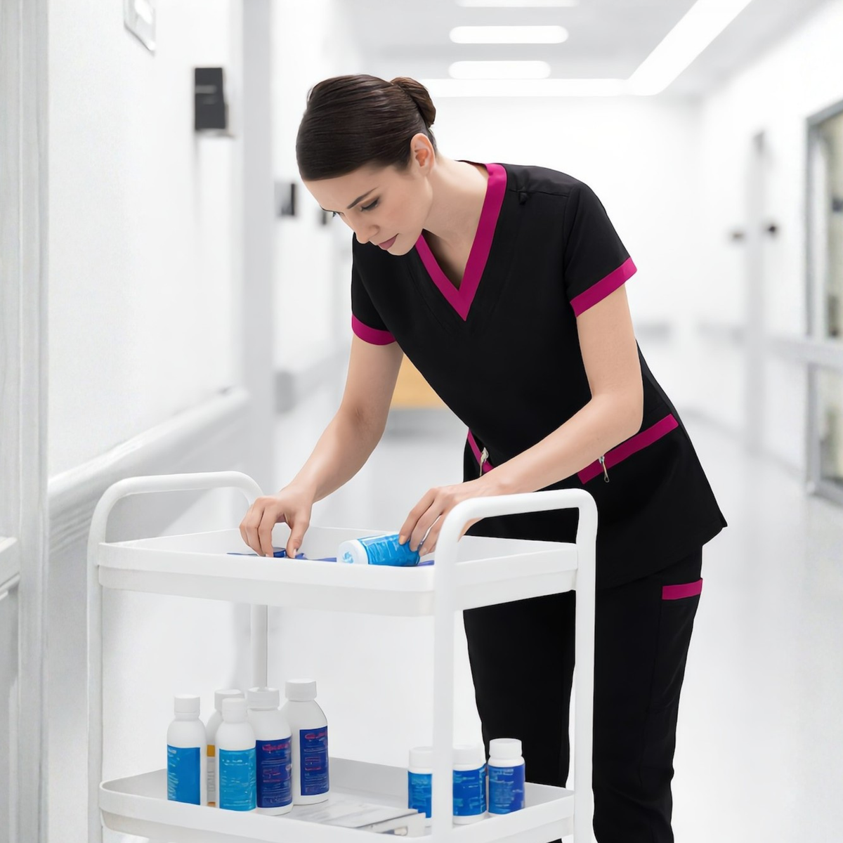 Women’s Nurse Scrub Set – V-Neck Short Sleeve Top and Drawstring Pants with Badge Pockets for Healthcare Professionals