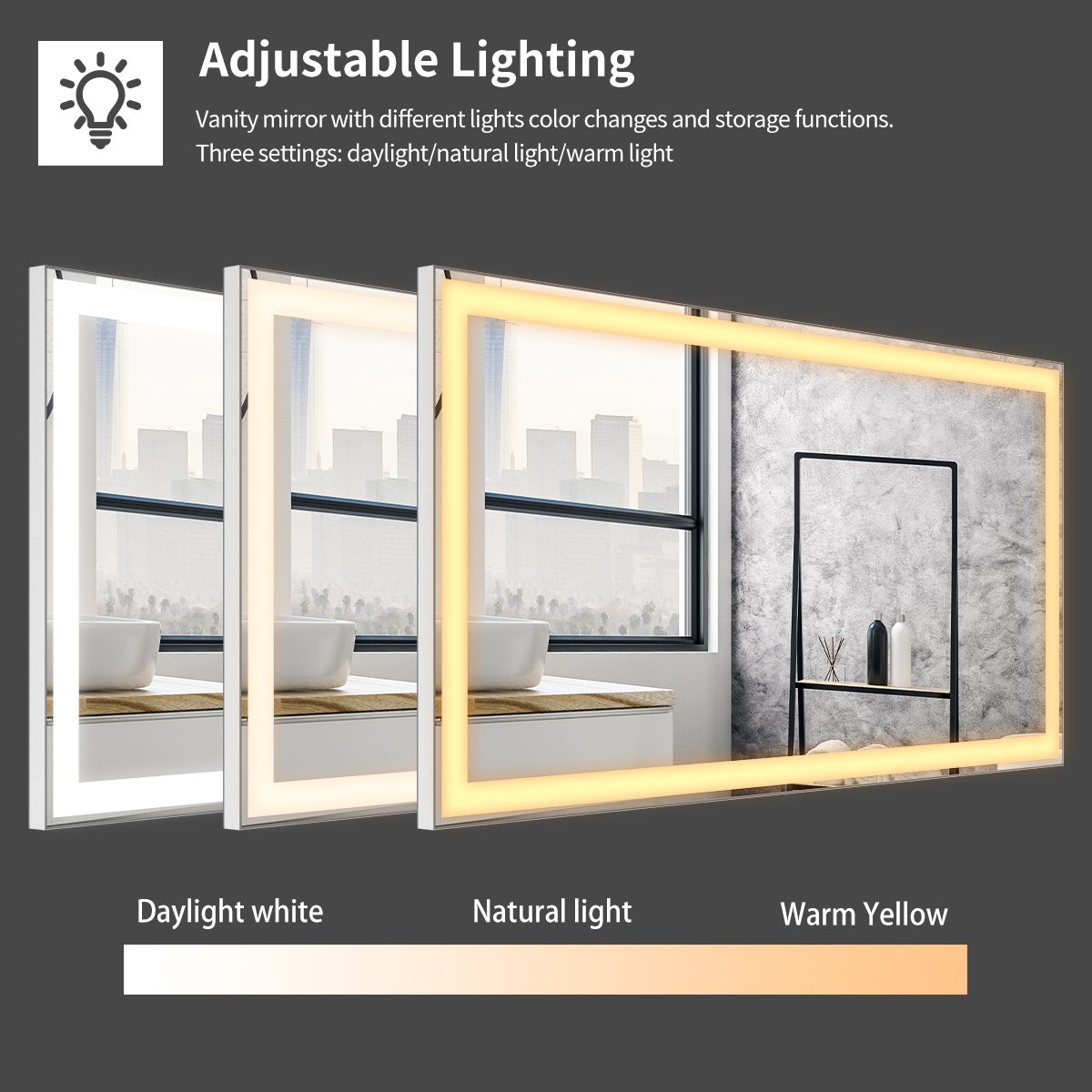 LED Bathroom Makeup Mirror- Wall Mounted Adjustable Light, Anti Fog Touch Switch with Memory Intelligent Large Bathroom (48x24 inch)