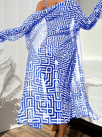 Blue Geometric Bikini Set – Three-Piece Women’s Swimwear with Shawl and Hollow-Out Fashion Design