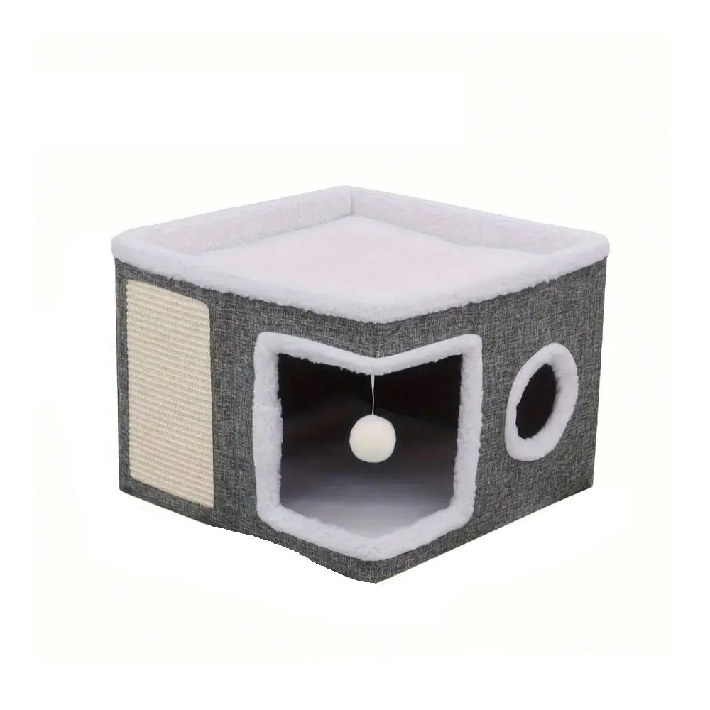 Multi Layer Cat House Cube - Foldable Indoor Cat Bed with Tunnel Scratcher and Cozy Mat for Cats Play and Rest