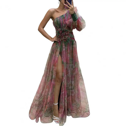 Mesh Tie Dye One-Shoulder Ball Gown with Slit – Floral Mesh Bubble Sleeve Split Evening Dress for Glamorous Events