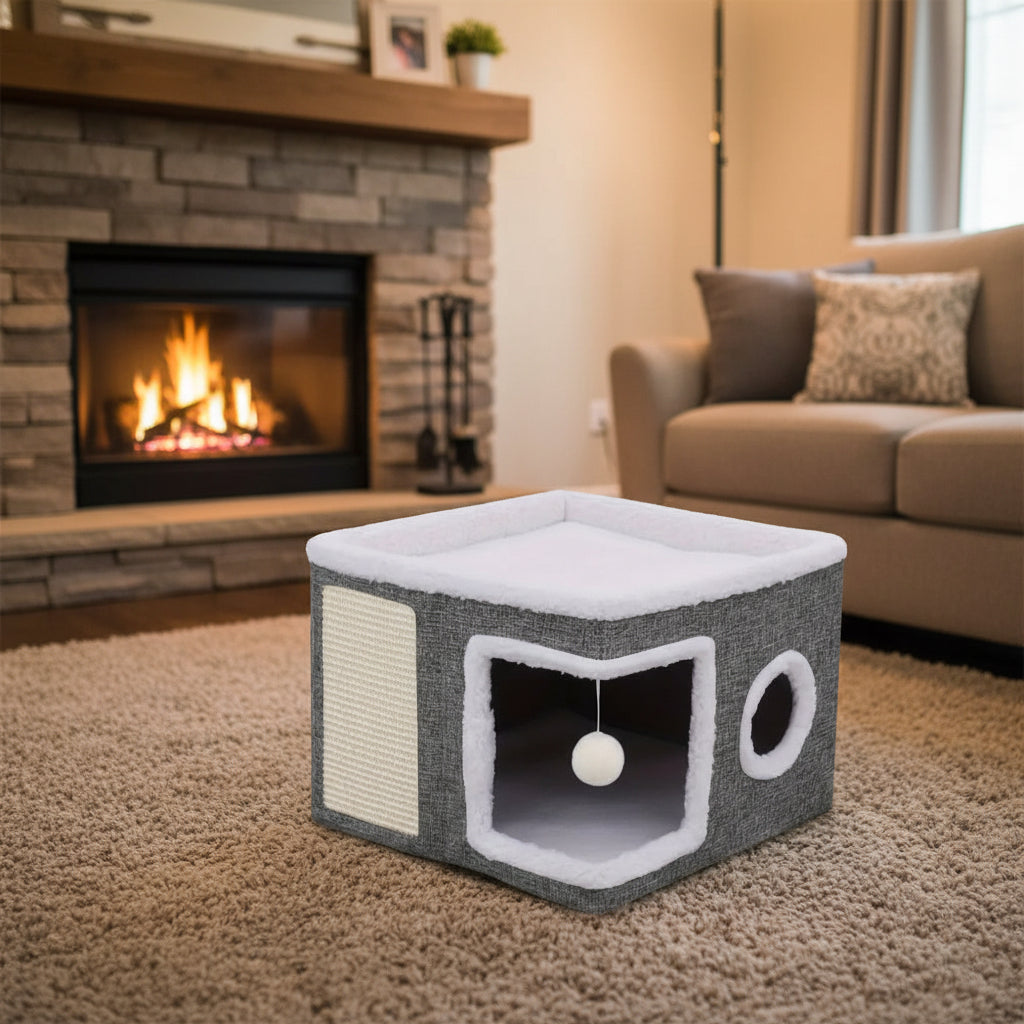 Multi Layer Cat House Cube - Foldable Indoor Cat Bed with Tunnel Scratcher and Cozy Mat for Cats Play and Rest