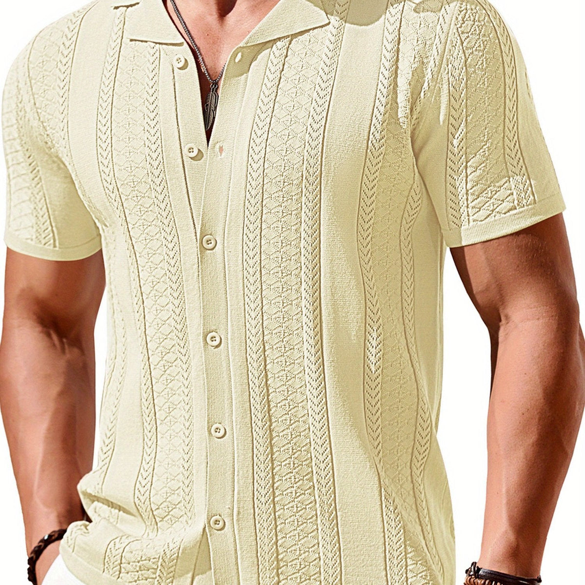 Men’s Vintage Colored Knit Shirt – Short Sleeve Button-Up Summer Top with Breathable Viscose Blend