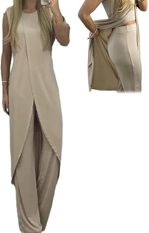 Women’s Casual Two-Piece Outfit – Sleeveless Round Neck Long Top with Loose Pants Elegant Chic Fashion Set 2025