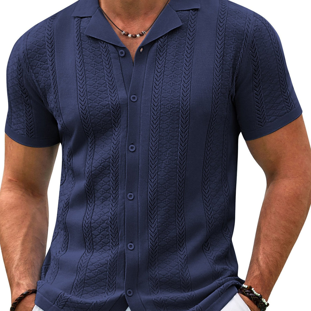 Men’s Vintage Colored Knit Shirt – Short Sleeve Button-Up Summer Top with Breathable Viscose Blend