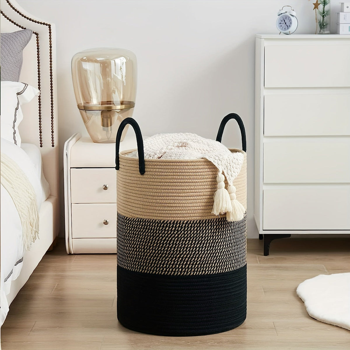 Woven Tall Rope Laundry Hamper – Large 15x20 Inch Dirty Clothes Basket with Handles for Stylish Home or Toy Storage Solution