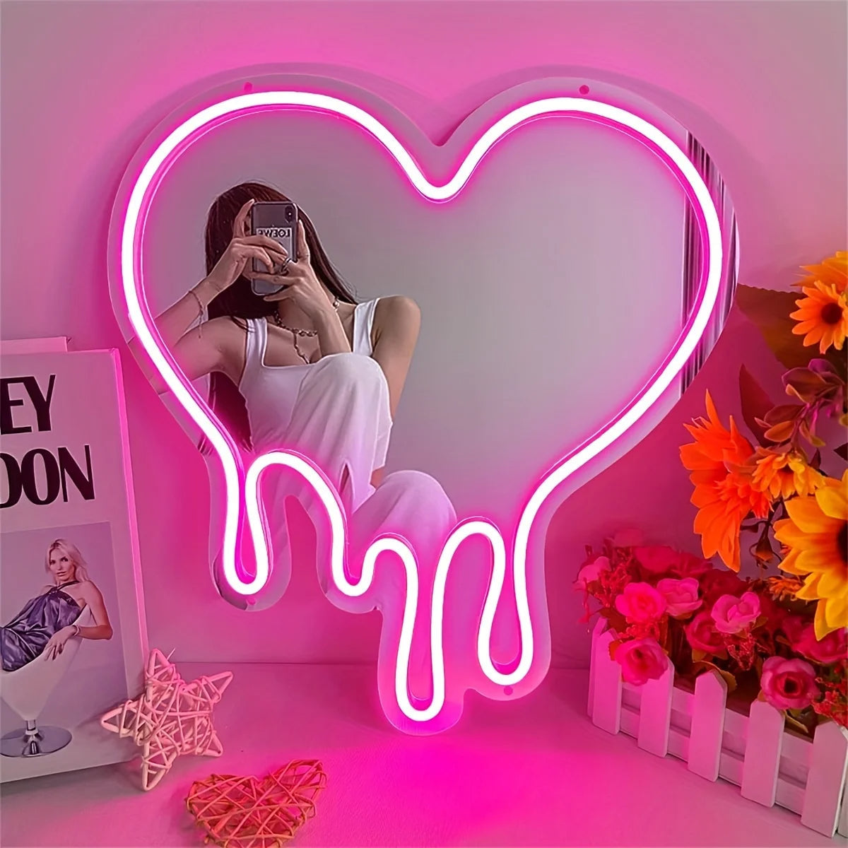 LED Melting Heart Neon Sign – Pink Mirror Wall Light for Romantic & Aesthetic Decor