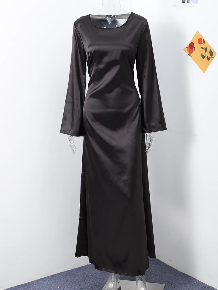 Satin Round Neck Long Lace-Up Evening Dress – Elegant Flare Sleeve High-Waist Party Gown for Glamorous Women