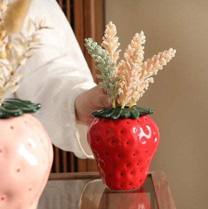 Strawberry Ceramic Flower Vase – Cute Fruit-Inspired Pot for Home Decor, Tabletop Charm, or Floral Display Accessories