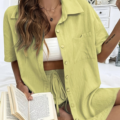 Women’s Two-Piece Summer Outfit – Solid Color Short Sleeve Shirt with Lace-Up Shorts Casual Loose Fashion Set
